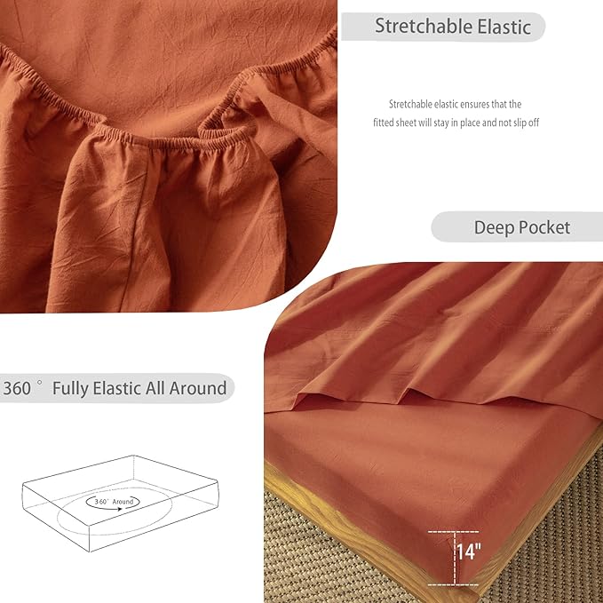 MooMee Bedding Sheet Set 100% Washed Cotton Linen Like Textured Breathable Durable Soft Comfy (Solid Rust Brown, Twin XL)