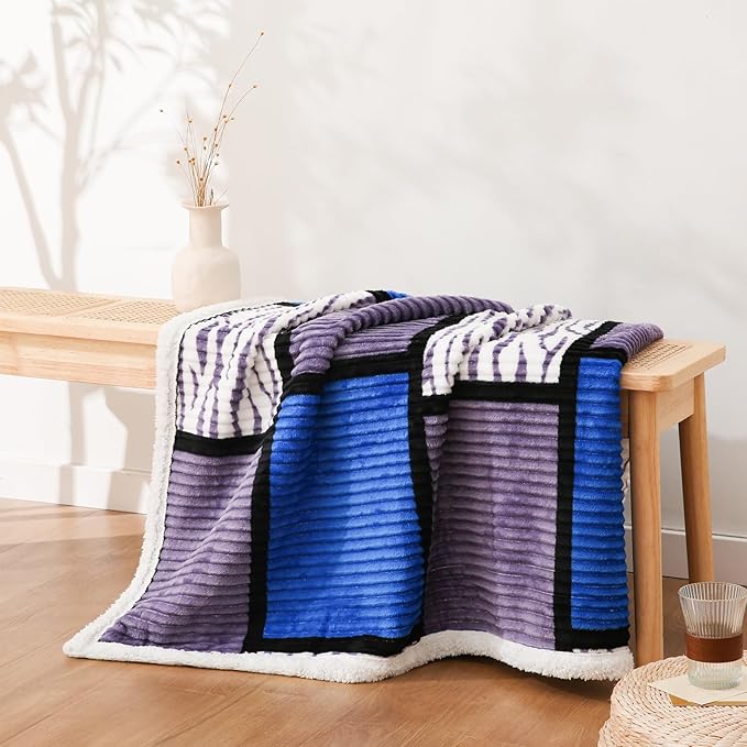 PU MEI Sherpa Blanket Fleece Throw Blanket Queen Plaid Thick Bed Blanket, Soft Warm Cozy Throw Blanket, 80”*90” Zabra-Blue Grey