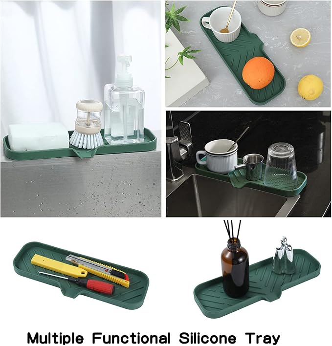 Silicone Bathroom Soap Dishes with Drain Spout-Bathroom and Kitchen Sink Organizer,Sponge Holder,Dish Soap Tray,Perfect for Dispenser,Scrubber,Bottle,Cup on Sink or Counter-Green 12"×4"