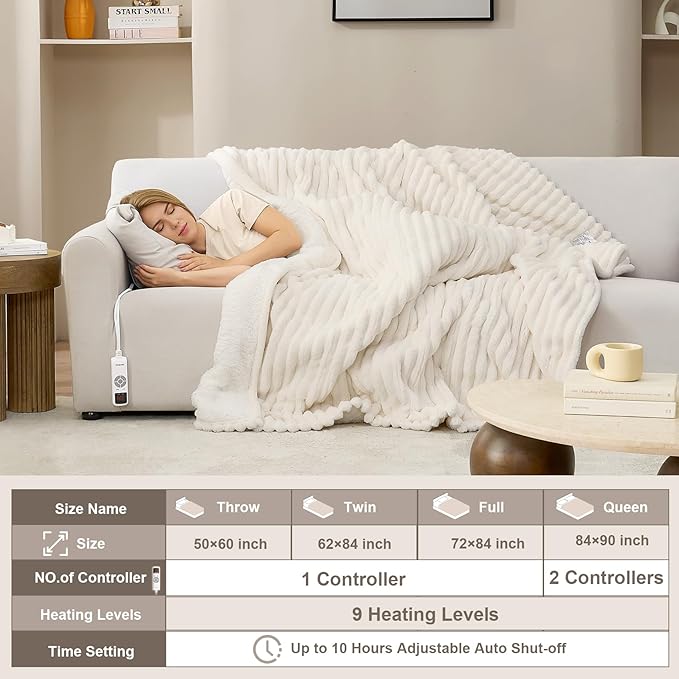 Hansleep Heated Blanket King Size Electric Throw Dual Control, Heating Blanket with 9 Heating Levels and 10-Hour Timer Auto Shut Off, Washable Soft Warm Winter Blanket, 90 x 100 Inches, Beige