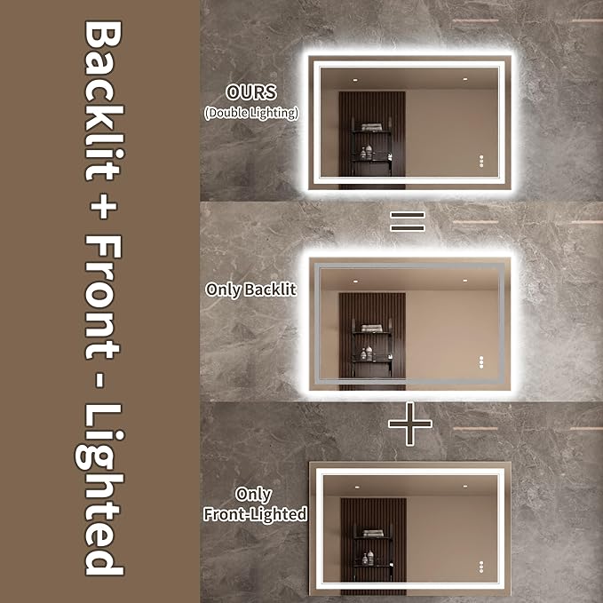 Bathroom Mirror with Lights 24"X40" with Front Light and Backlit, Tempered Glass, Wall Mount Horizontal/Vertical, Stepless Dimmable, 3 Colors, Anti Fog, Bathroom Memory LED Mirror