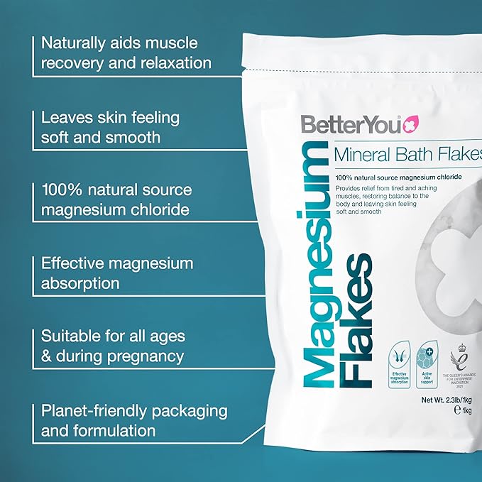 BetterYou Magnesium Mineral Bath Flakes - Mineral Bath Salts with Magnesium Chloride - Foot Bath or Body Bath Soak - Safe On Sensitive Skin - 2.3 lb (Pack of 2)