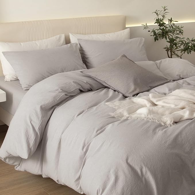 JIYUAN 100% Washed Cotton Duvet Cover Set 3 Pieces Super Queen, 1 Duvet Cover 90x98 Inches(Comforter Not Included) and 2 Pillowcases,Linen Feel Bedding Set Comfy and Breathable, Heathered Cream Grey