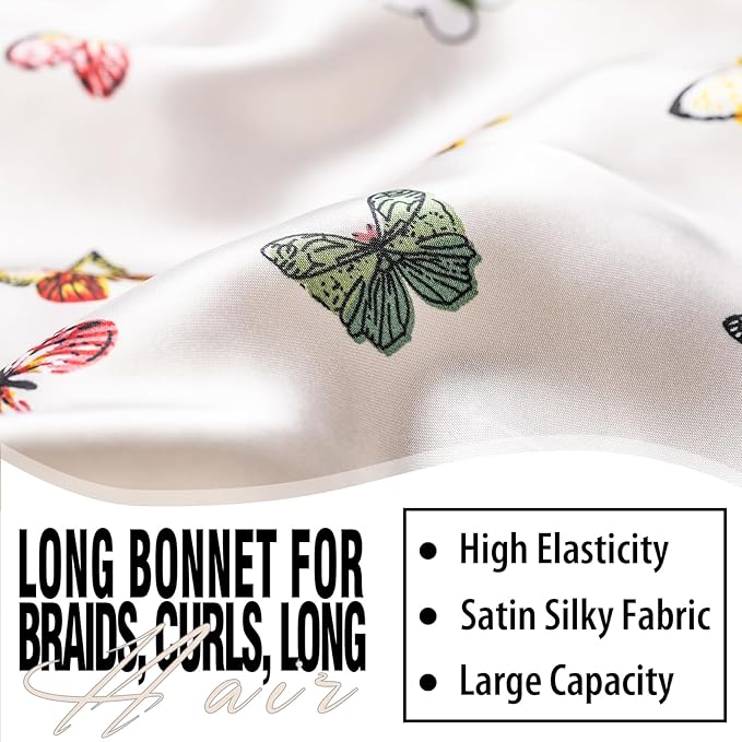 2Pcs Bonnets for Black Women Braid Bonnet, Large Long Satin Bonnet for Braids, Silk Bonnet with Stretchy Tie Band Sleep Cap Hair (2Pcs-Black-Silver Pattern)