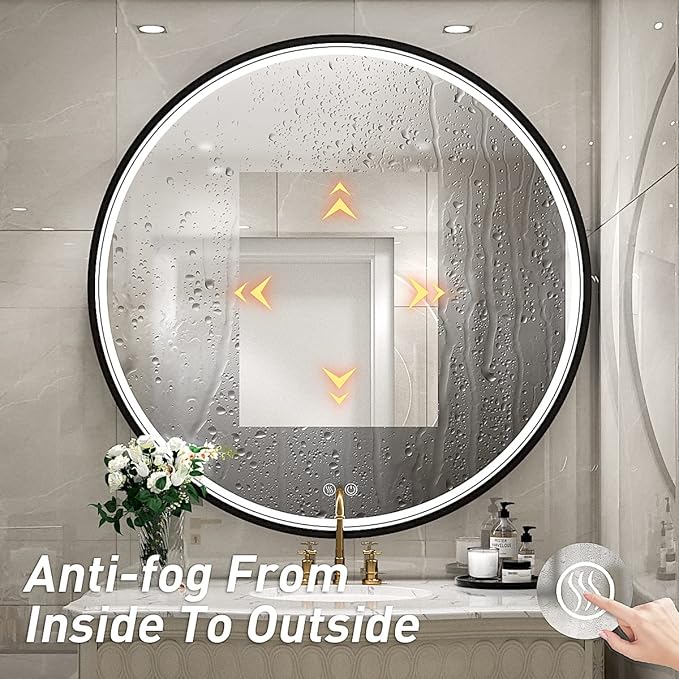 32" Round LED Bathroom Mirror, Dimmable Anti-Fog Vanity Mirror with Touch Control, 6000K Natural Light, Black Metal Frame, Wall Mounted for Makeup Shaving (IP54, 90+ CRI)