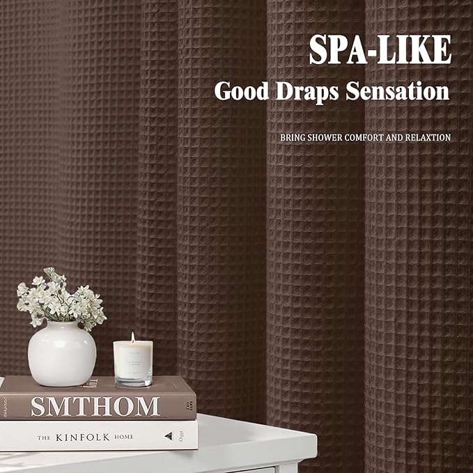 Long Waffle Shower Curtain - Brown Cotton Texture Fabric Heavyweight Shower Curtain for Bathroom,72Wx78L