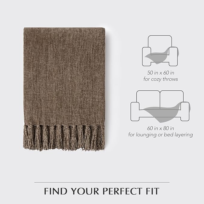 EVERGRACE Soft Chenille Throw Blanket for Couch, Cozy Plush Fuzzy Decorative Chenille Knit Throw Blanket with Tassels, Lightweight Blanket and Throws for Bed Sofa Gift Home Decor, Mocha Brown 60"x80"