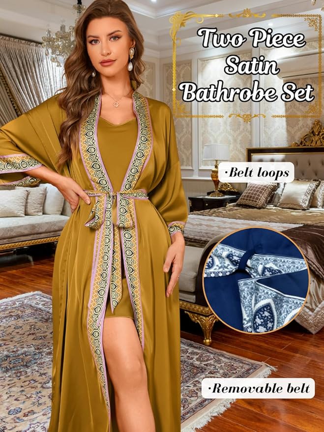 Satin Robe Sets For Women, 2-PC Lightweight Bathrobe, Silk Sleepwear Kimono Bridesmaid Sexy Robes
