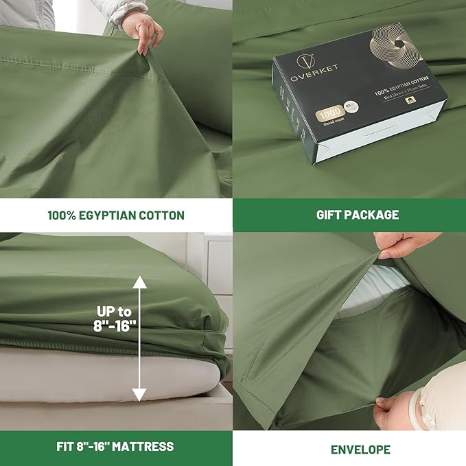 Egyptian Cotton Sheets Full Size 1000 Thread Count Sateen Weave Soft Breathable 16-Inch Deep Pocket 4PCS（Full,Olive Green）