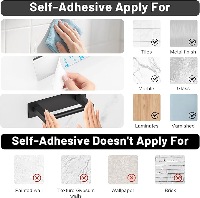 Black Self Adhesive Toilet Paper Holder, Stainless Steel Bathroom Toilet Paper Holder Stick On Wall Mount, Commercial Toilet Paper Dispenser Peel and Stick Toilet Paper Holder Adhesive