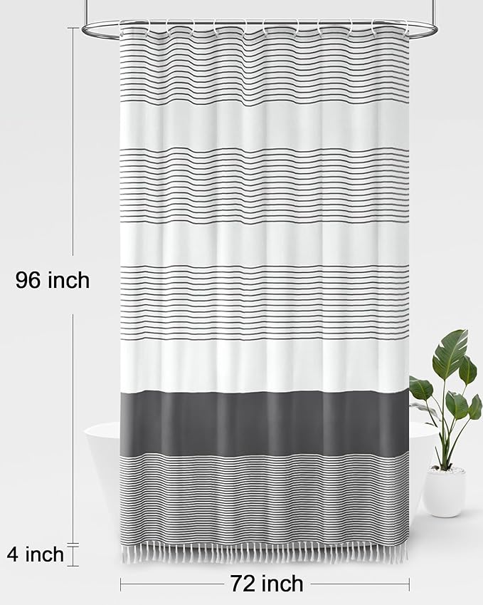 Awellife Gray Shower Curtain for Bathroom Stripe Tassel Shower Curtain 72 X 96 Farmhouse Cotton Boho Dark Grey