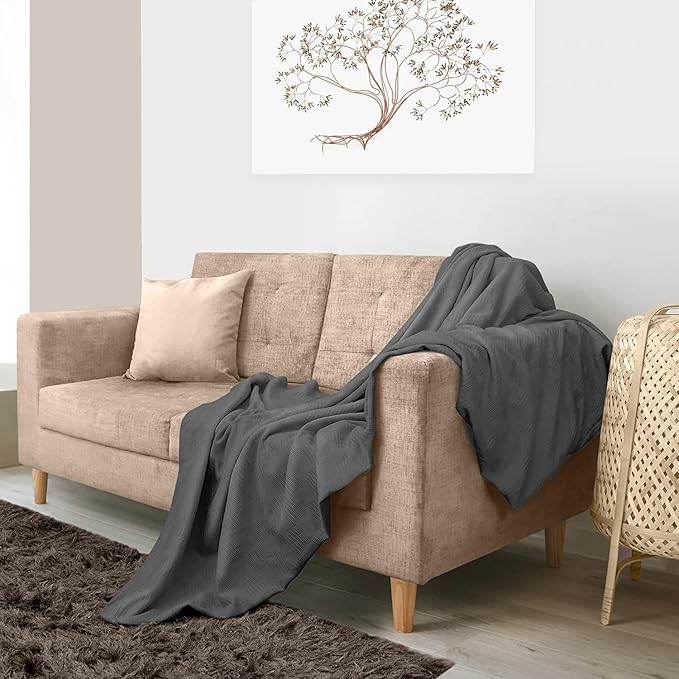 Avalon Bedding 100% Cotton Blanket Twin Size Thermal Blanket (72"x90") - Perfect Cotton Blankets Twin Size for Layering Bed in Any Season - Cotton Blankets for Bed (Grey)
