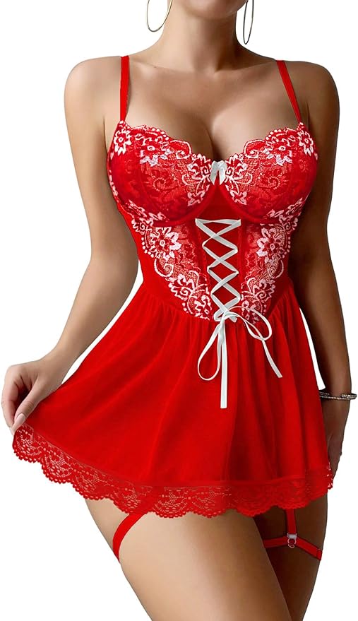 Lilosy Sexy Garter Belt Mesh Lace Babydoll Lingerie Dress Set with Thong