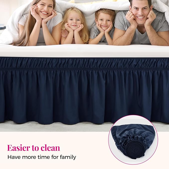RIMELA Navy Blue Bed Skirt Queen Size 15 Inch Drop, Elastic Bed Skirting for Bed Base and Frame, Bedding Dust Ruffle Easy to Install, Lightweight Wrap Around Adjustable Bedskirt