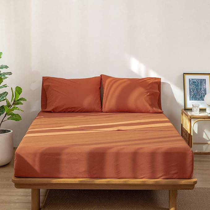MooMee Bedding Sheet Set 100% Washed Cotton Linen Like Textured Breathable Durable Soft Comfy (Solid Rust Brown, Twin XL)