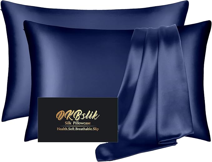 Silk Pillowcase 2 Pack, Natural Mulberry Silk Pillow Case, Anti Acne Silk Pillowcase for Hair and Skin, King Size Silk Satin Pillowcase Set of 2 with Hidden Zipper, Gifts for Women Men,Navy Blue