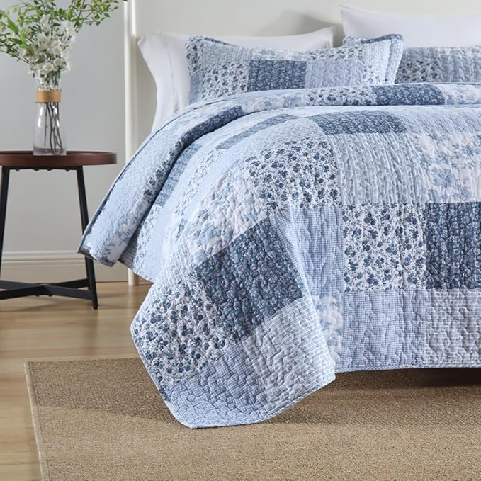 ENASAL Cotton Bedspread Quilt Bedding Sets Reversible Coverlet Sets Comforters Rustic Floral White Blue Patchwork Pattern Bedspread for All Season, King Size