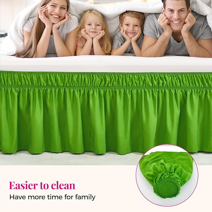 RIMELA Green Bed Skirt King Size 15 Inch Drop, Elastic Bed Skirting for Bed Base and Frame, Bedding Dust Ruffle Easy to Install, Lightweight Wrap Around Adjustable Bedskirt