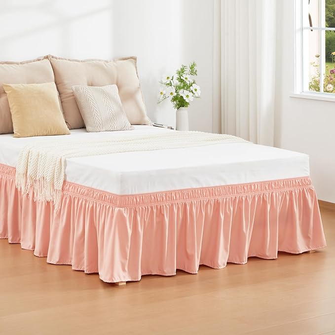 RIMELA Peachy Coral Bed Skirt King Size 15 Inch Drop, Wrap Around Elastic Bedskirt, Dust Ruffle for Adjustable Bed Base Machine Washable Easy to Install Bed Skirts