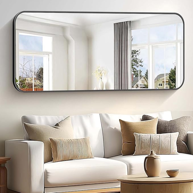 Bathroom Mirror, 60 x 30 inch Black Rectangle Wall Mirror, Metal Frame Rounded Corner Vanity Mirror, Large Wall Mounted Mirrors for Over Sink Bedroom Living Room Horizontal Or Vertical Mounting