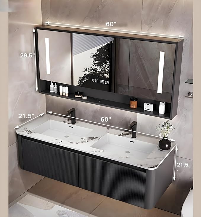Bathroom Vanity Cabinet, 60" Bathroom Vanity with Sink & Intelligent Defog LED Mirror, Solid Wood Float Vanities, Wall-Mount Bathroom Cabinet with Drawer, Undermount Double Sink, Faucet, Drain(Black)
