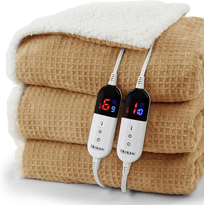 Heated Blanket Electric Blanket King Waffle, 90x100 Inches Dual Controllers Sherpa Fleece Fast Heating Blanket 6 Heating Levels & 10 Hours Auto Off ETL Certification, Caramel King