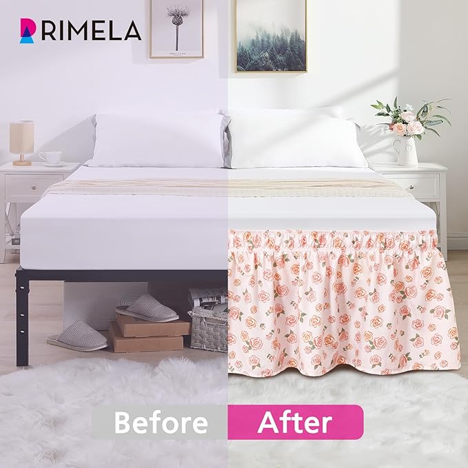 RIMELA Pink Rose Floral Bed Skirt Queen Size 15 Inch Drop, Elastic Bed Skirting for Bed Frame, Bedding Dust Ruffle Easy to Install, Lightweight Wrap Around Adjustable Bedskirt
