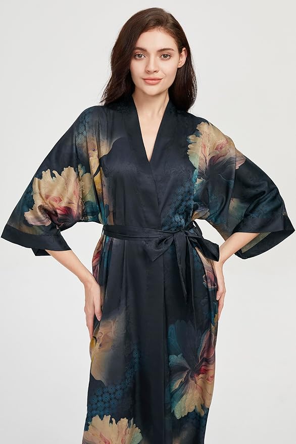 PRODESIGN Kimono Robe for Women - Long Satin Sleepwear Silky Kimono Cover-Up Nightgown Japanese Bathrobe Loungewear Blouse