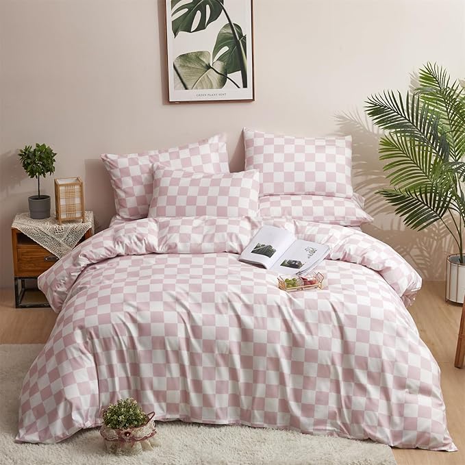 KAREVER Pink White Grid Comforter Set King Pink Plaid Bedding Set Women Pink and White Checkered Bed Comforter Set Breathable Blanket Set Men Durable Bedding Comforter Set