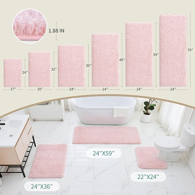 Bathroom Runner Rug 24x70 Pink Non Slip Fluffy Long Bath Mat for Bathroom Floor Washable Plush Luxury Bath Rug for Tub Absorbent Shower Sink Mat Bedside Rug