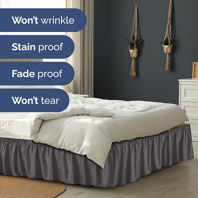 Wrap Around Dust Ruffle Bed Skirt - Dark Grey - for King Size Beds with 15 Inch Drop - Elastic Strap - Adjustable Pleated Bedskirt with Brushed Fabric and Wrinkle Free - for Women, Men, Kids & Teens