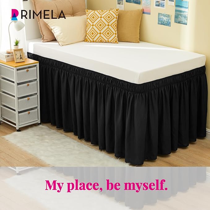 RIMELA Dorm Bed Skirt Twin XL 36 Inch Drop, Easy to Install Extra Long Wrap Around Elastic Dust Ruffle, Black Bedskirt Solid Silky Fabric Machine Washable (Twin XL 80“L x 39”W & Twin 75“L x 39”W)