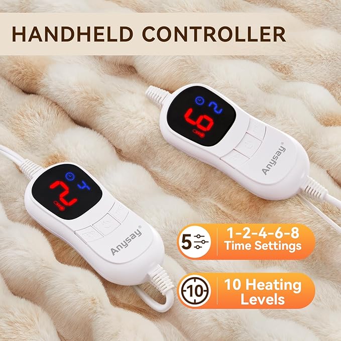 Heated Blanket King Size with 1/2/4/6/8 Hours Auto-Off 10 Heat Level, 90'' * 100'' Cozy Faux Rabbit Fur Bubble Electric Blanket with Overheat Protection(Tie-Dye Beige)