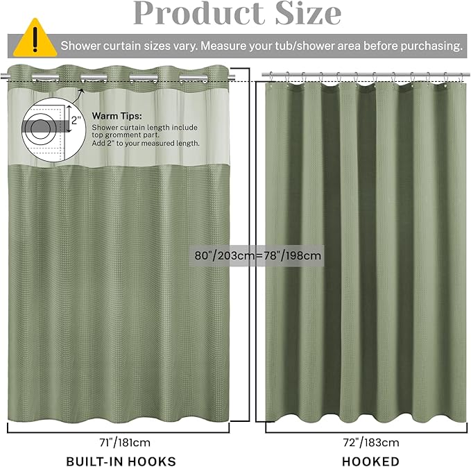 No Hook Shower Curtain with Snap in Liner Set Waffle Shower Curtain for Bathroom Hotel Style Fabric Waterproof Inner Liner，71" W x 80" H, Green