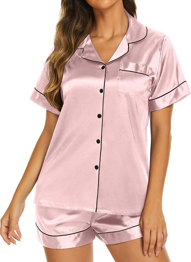 Ekouaer Pajamas for Women Set Silk Satin Pjs Shorts Sleepwear 2 Piece Loungewear S-XXL