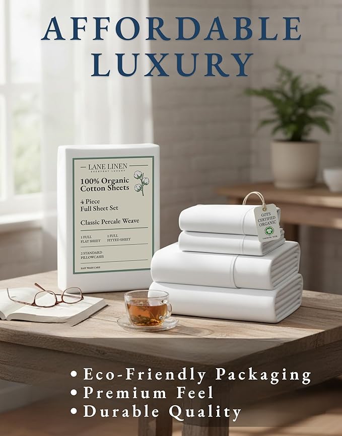 LANE LINEN 100% Organic Mercerized Cotton Pre Washed Full Size Bed Sheets, Soft & Comfy Low Pill Fade Resistance Fully Elasticized Oeko Tex Certified 15" Deep Pocket Full Sheet Set - White