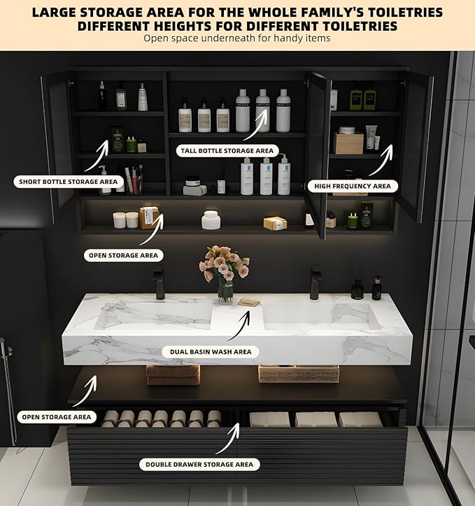 64IN Bathroom Vanity with Double Sink, Modern Bathroom Vanity with LED Smart Defogging Mirror Cabinet and Open Shelf, Floating Bathroom Cabinet with Striped Double Drawers, Oak Material (Black)