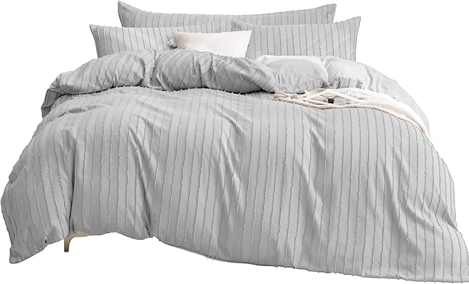 JELLYMONI Duvet Cover King Size Light Grey - 3PCS Boho Striped Duvet Cover Set Polyester Tufted Bohemian Textured Comforter Cover 104×90in with Corner Ties & Zipper and 2 Pillowcases