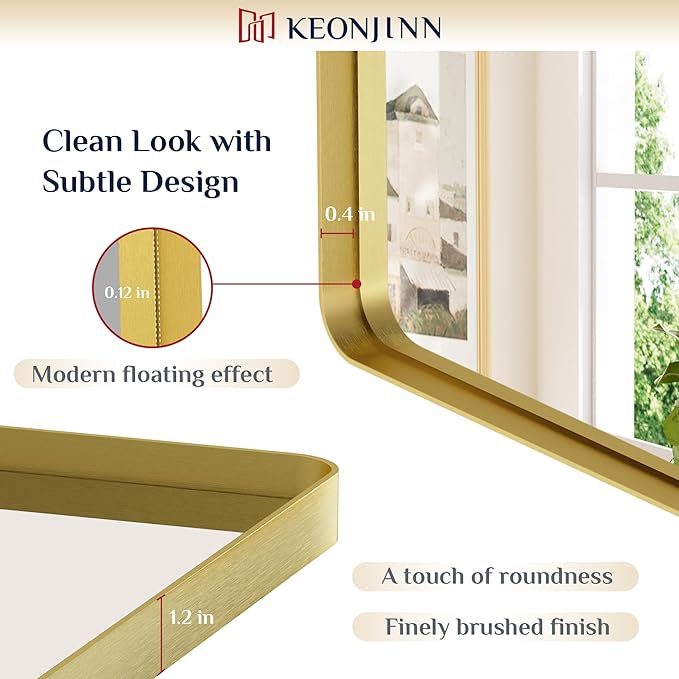 Keonjinn Gold Bathroom Mirrors for Over Sink 24 x 36 Inch Brushed Brass Metal Framed Mirror, Rounded Rectangle Bathroom Vanity Mirror, HD Tempered Glass Modern Mirror for Wall(Horizontal/Vertical)