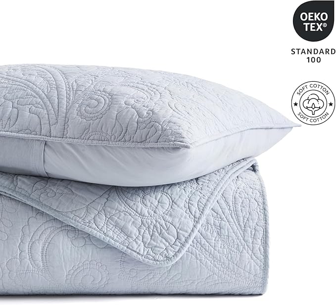 EVERGRACE 100% Cotton Paisley Quilt Set, Queen Size 3 Piece Set – Prewashed Lightweight Bedspread with 2 Shams, Soft & Breathable Matelasse Coverlet for All-Season Comfort, Pearl Blue