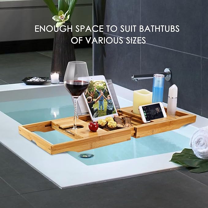 Premium Bamboo Bathtub Tray Caddy, Bath Tub Trays Table for Bathtub, Expandable Bath Caddy Tray, Bathtub & Bathroom Accessories for New Home, Anniversary and Wedding Gifts for Couple