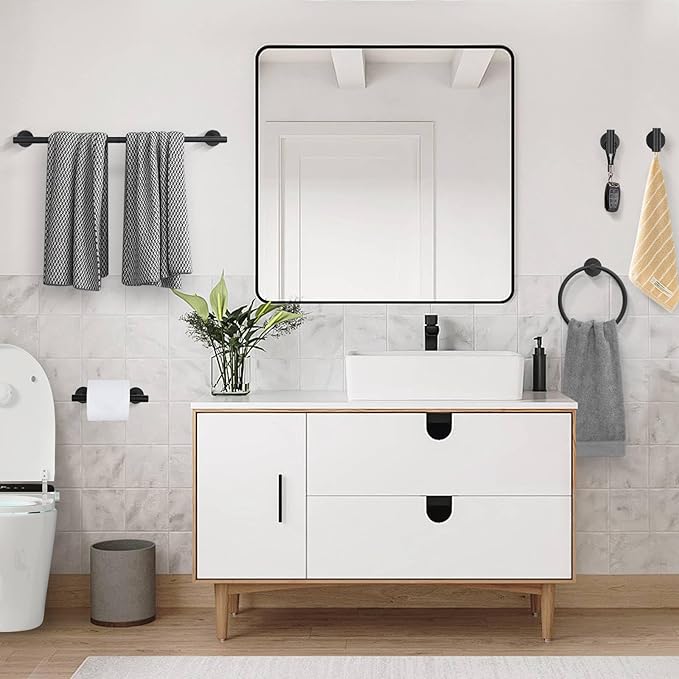 5 Pieces Matte Black Round Towel Bar Set Bathroom Hardware Accessories Set Upgraded Toilet Paper Holder Towel Racks Set for Bathroom Stainless Steel Wall Mounted 23.6 in