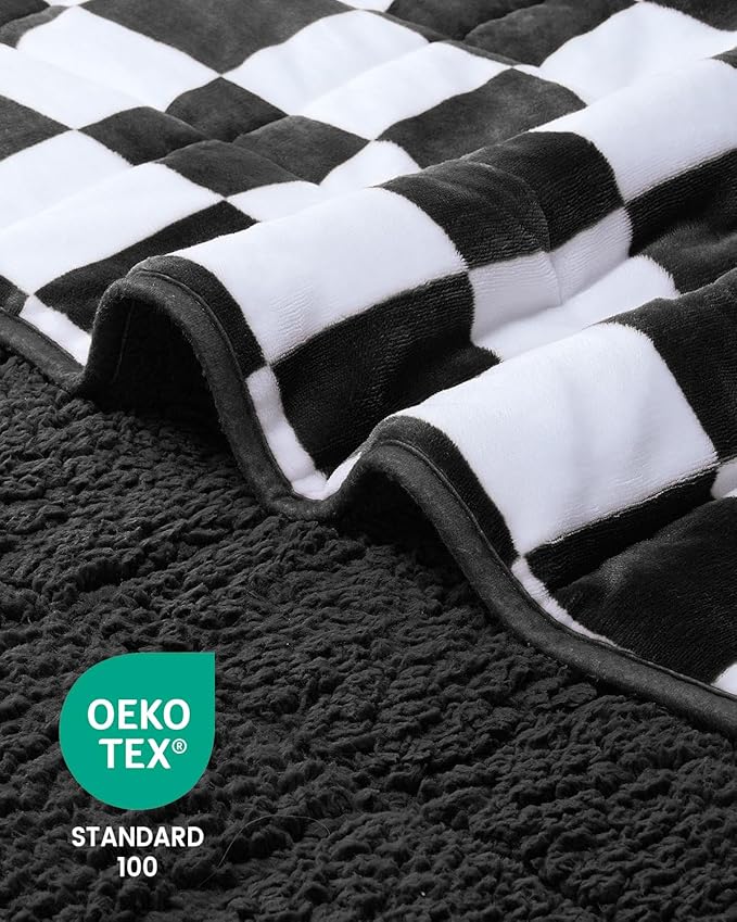 Cottonblue Weighted Blanket for Adults Queen Size 15lbs, Soft Sherpa Flannel Checkered Weighted Blankets, Fluffy Fuzzy Fleece Bed Heavy Blankets for Calming and Relax, Plaid Black, 60" x 80"