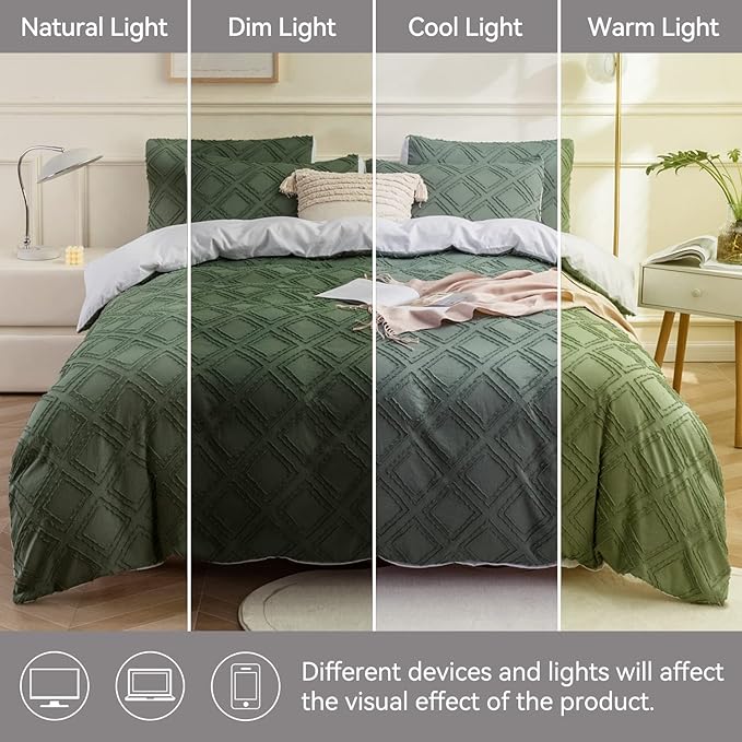 JELLYMONI Duvet Cover King Size Green and White - 3PCS Boho Duvet Cover Set Plaid Polyester Tufted Bohemian Jacquard Knit Textured Comforter Cover 104×90in Rhombic Geometric Pattern Zipper Corner Tie