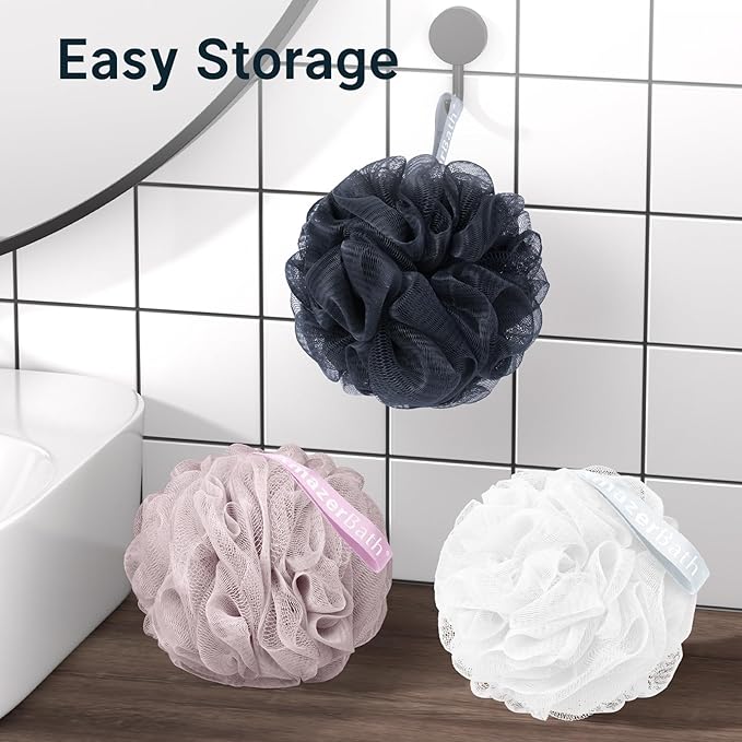 AmazerBath Loofah Sponge 60g/PCS, Shower Loofah for Men and Women - Body Scrubber Loofa Set of 3, Bath Sponge - Grey Blue-Pink-White