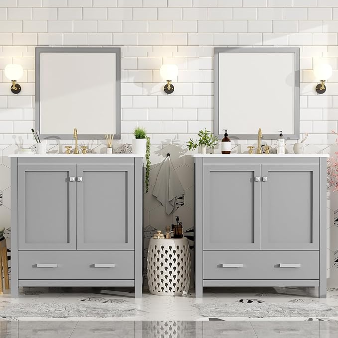 60" Bathroom Vanity Set with Double Vanities, Double Ceramic Sinks, Storage Shelf, Soft Closing Doors, Divided Drawers (Mirror not Included), Large Bathroom Vanity Sink Set (Grey)