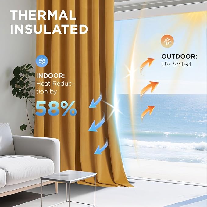 Joydeco Mustard Yellow 100% Blackout Curtains 120 Inch 2 Panels, Luxury Thermal Yellow Velvet Curtains for Bedroom Living Room, Soundproof Blackout Window Drapes, Rod Pocket & Back Tab (52W x 120L)