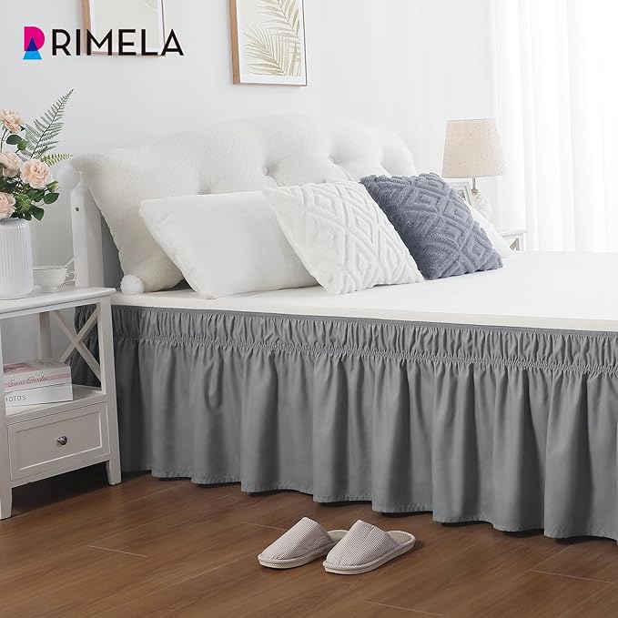 RIMELA Light Grey Bed Skirt King Size 12 Inch Drop, Elastic Bed Skirting for Bed Base and Frame, Bedding Dust Ruffle Easy to Install, Lightweight Wrap Around Adjustable Bedskirt