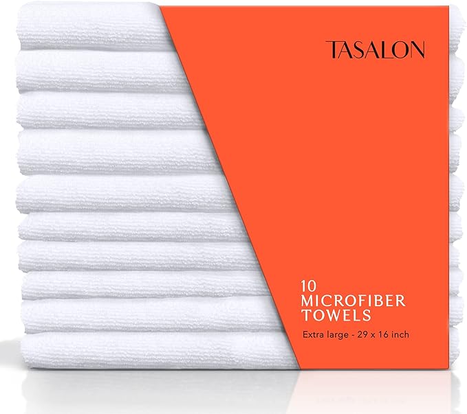 TASALON Microfiber Hair Towel for Salon - 10 Pack - 29 x 16 Inches, Quick Dry and Ultra-Soft Facial Towels with Soft Absorbant - White