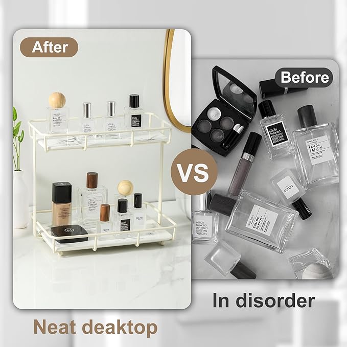 Bathroom Organizer Countertop Perfume Organizer Makeup Organizer Cosmetics Storage Display Rack Vanity Tray Dresser Stainless Steel Gold Shelf White Marble Ceramic Tray (2 Tier L-Cream)